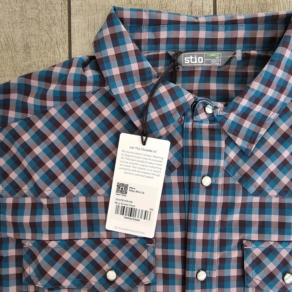Stio Eddy Long Sleeve Shirt Mens Blue Check Hiking Outdoor Camping REI New NWT M - Picture 5 of 5